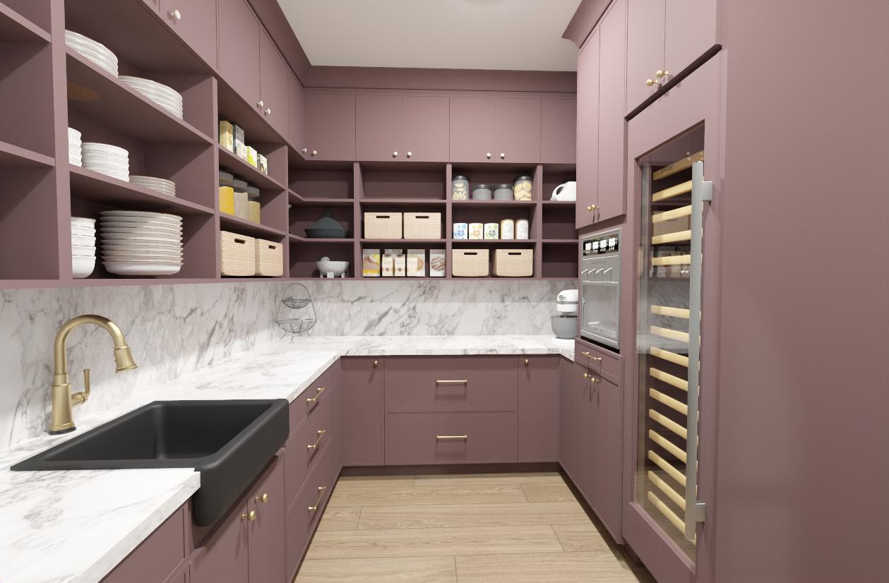 Modern pantry with mauve cabinets, open shelving, marble countertops and a wine refrigerator
